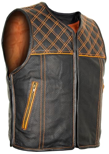 MDM Herren Lederweste Kutte mit Perforiertem Leder, in schwarz mit orangenenNähten (DE/NL/SE/PL, Alphanumerisch, 3XL, Regular, Regular, Schwarz/Orange) von MDM