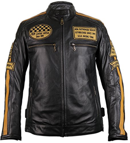 MDM Herren Motorrad- Retro Lederjacke aus echtem Rinds Leder, schwarz, Braune Racing Streifen (Gr. M) von MDM