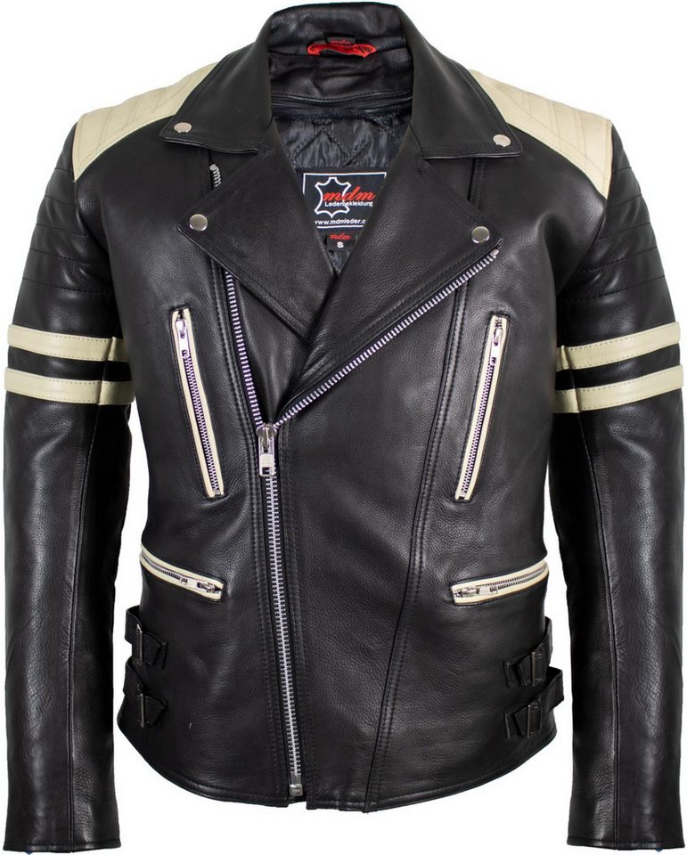 MDM Motorradjacke Herren Retro Lederjacke Motorrad Jacke in Schwarz mit Protektoren Biker Oldschool Motorrad Lederjacke von MDM