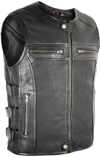 MDM Reißverschluss Motorradweste, Lederweste mit Perforiertem Leder, Herren, Schwarz (Gr. 2XL) von MDM