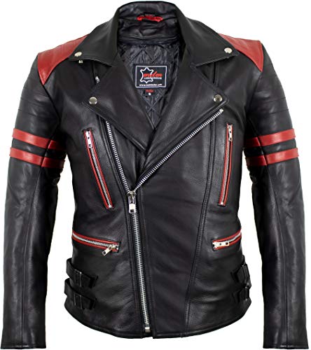 MDM Retro Motorrad Lederjacke 80´s Oldschool erhältlich (3XL, schwarz/rot) von MDM