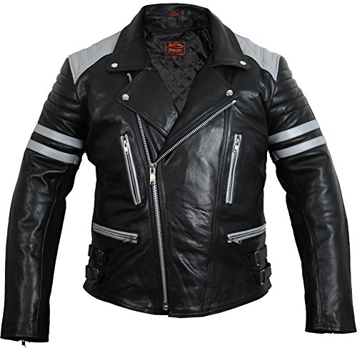 MDM Retro Motorrad Lederjacke 80´s Oldschool erhältlich (XL, Schwarz/Grau) von MDM