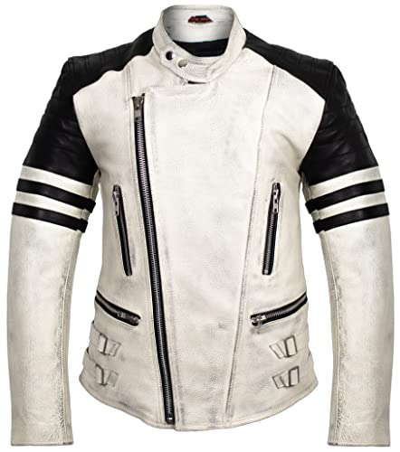 Retro Oldschool Lederjacke, Creme Weiße Motorradjacke (MDM1084 S) von MDM