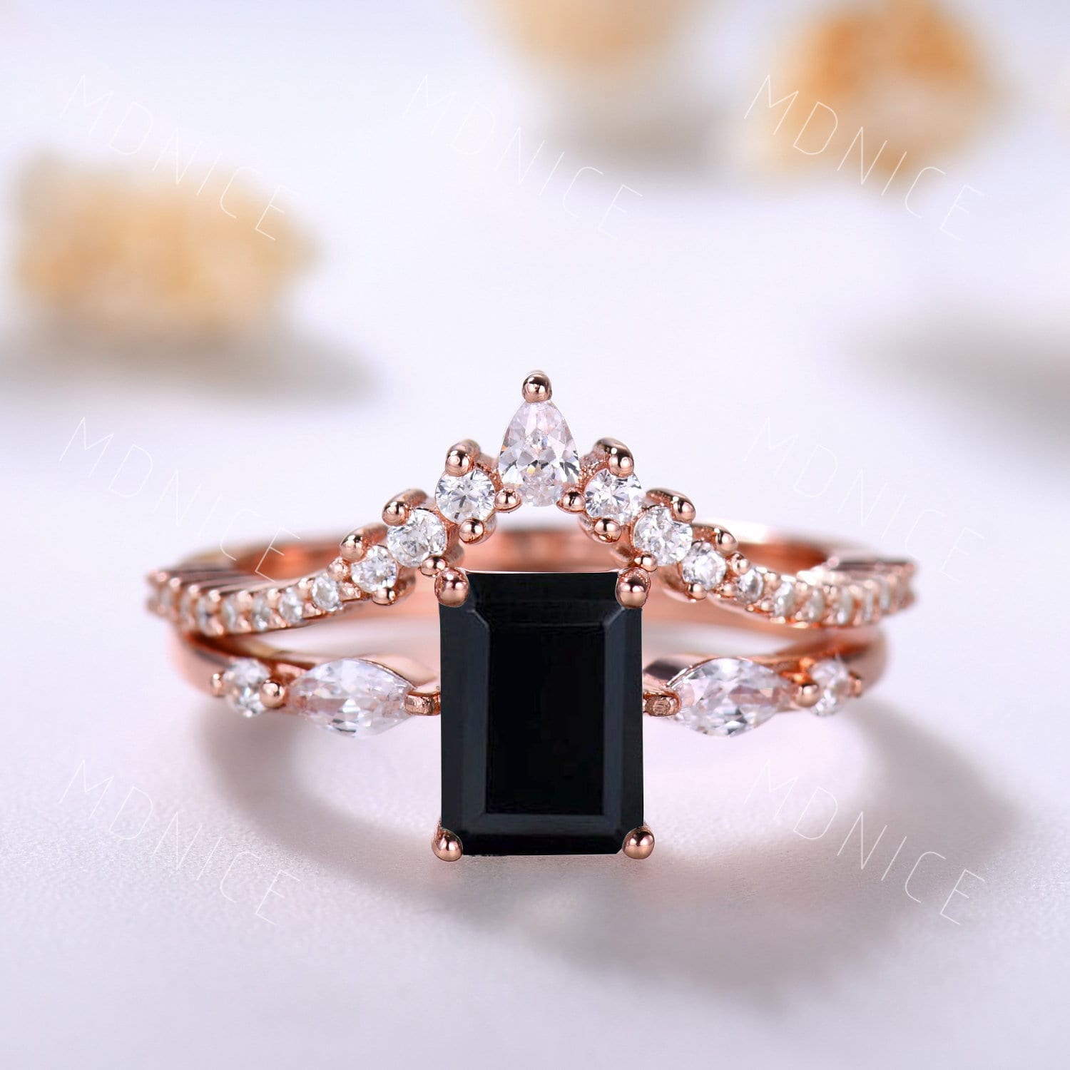 2stk Smaragd Geschliffener Schwarzer Onyx Verlobungsring Set Rosegold Vintage Unikat Geschwungener Moissanit Ring Braut Geschenk Platin von MDNICE