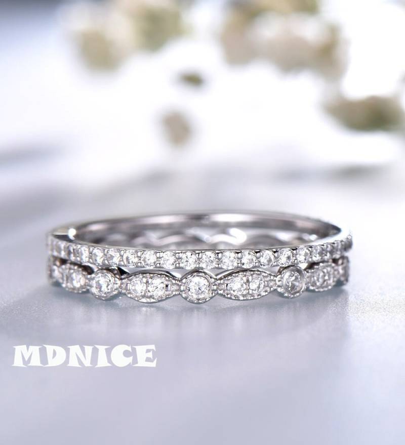 Art Deco Sterling Silber Eheringe Set Zirkonia Jubiläumsringe von MDNICE