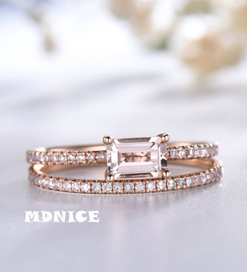 Baguette Cut Morganit Ring Set 14K Rose Gold Braut Ehering von MDNICE
