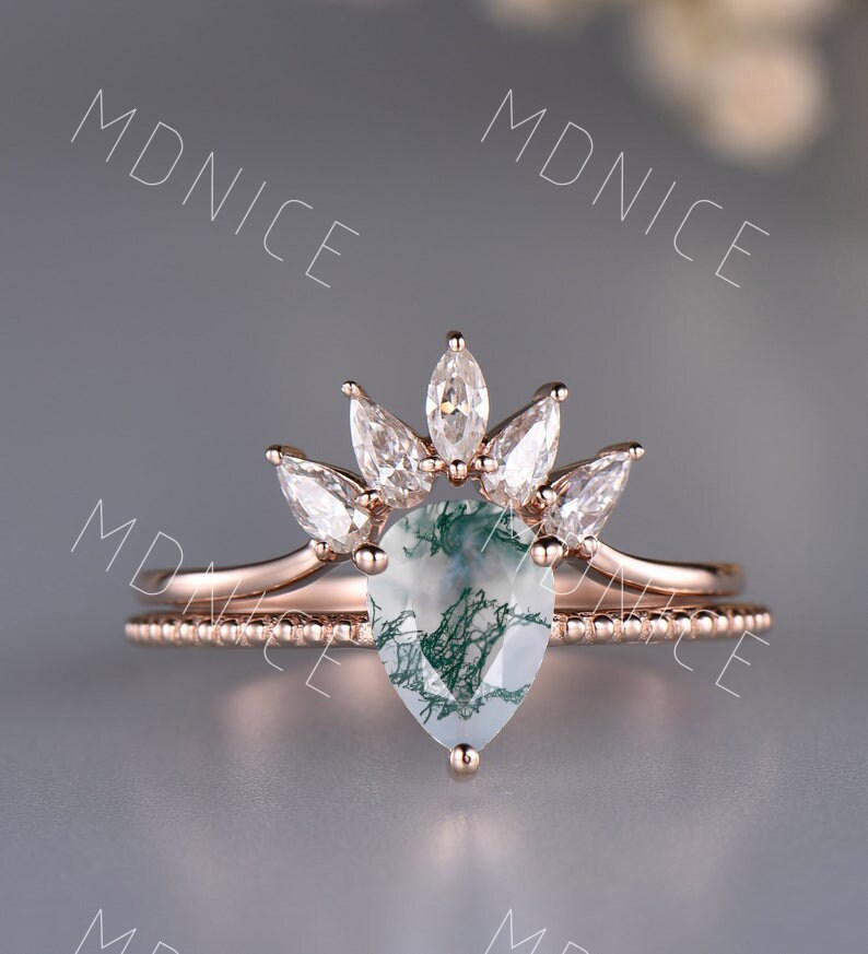 Birnenförmiger Moos Achat Verlobungsring Set Rosegold Ehering Unikat Birne Cluster Stapelband Versprechen Jubiläumsring von MDNICE