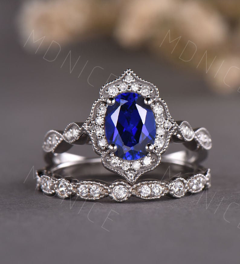 Blaue Saphir-Ring, Oval Saphir Verlobungsring Set, Art-Deco-Ehering, September Birthstone, Vintage Braut Versprechen Ring, Silber von MDNICE