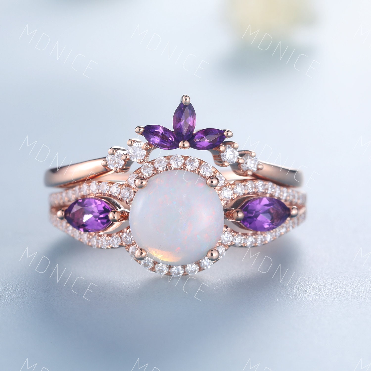 Echtes Opal Braut Set/Verlobungsring 14K Massiver Rosegold Ring Amethyst Ehering Natürlicher von MDNICE