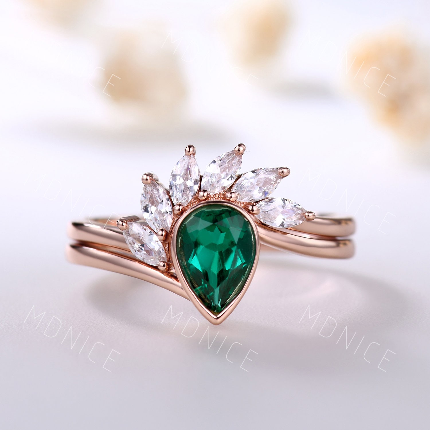 Grüner Smaragd Verlobungsring Set Rosegold Ring Unikat Marquiseschliff Diamant Ehering Mai Geburtsstein Versprechen von MDNICE