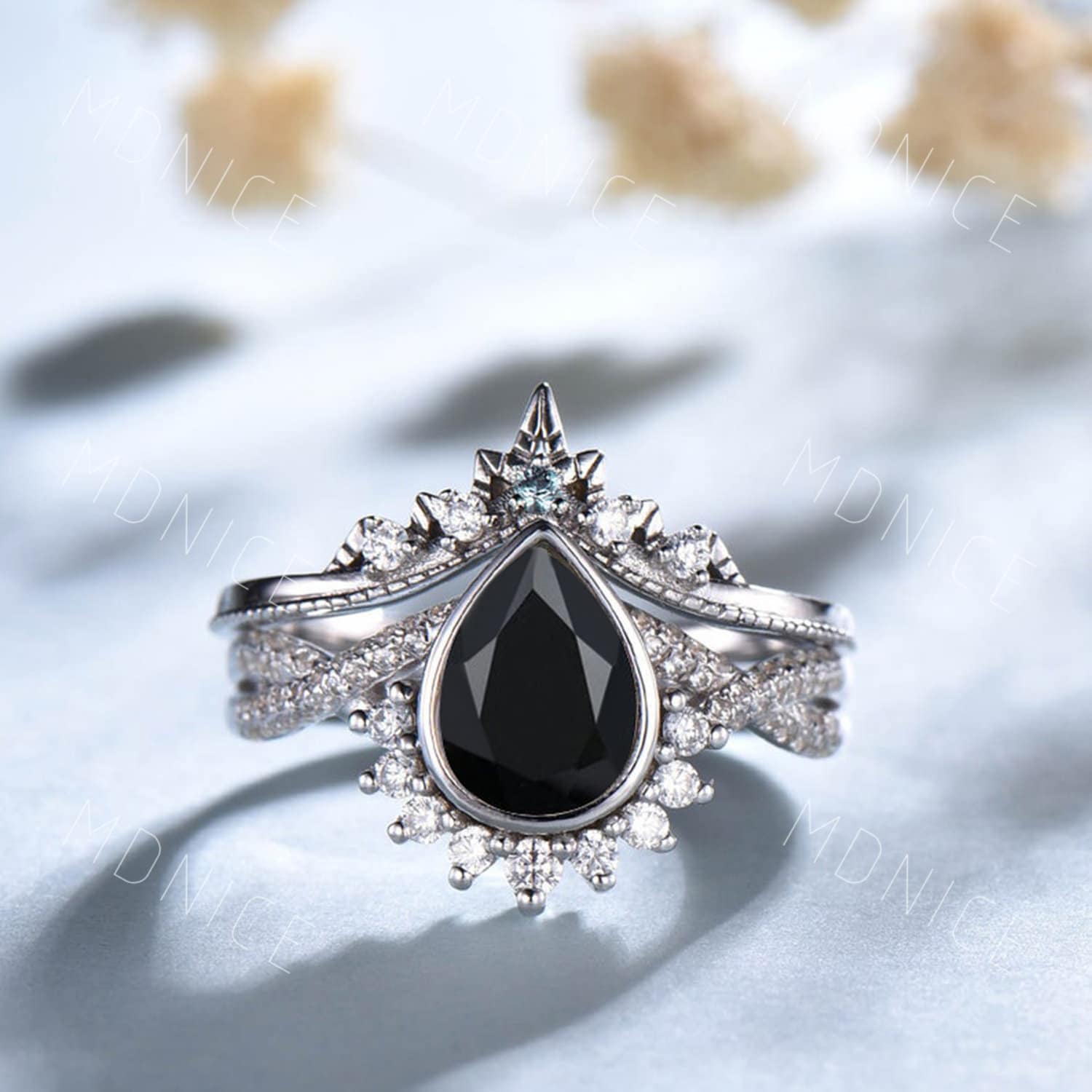 Infinity Schwarzer Onyx Ehering Set Ring Vintage Verlobungsring Art Deco Alexandrit Stapelring Brautring von MDNICE