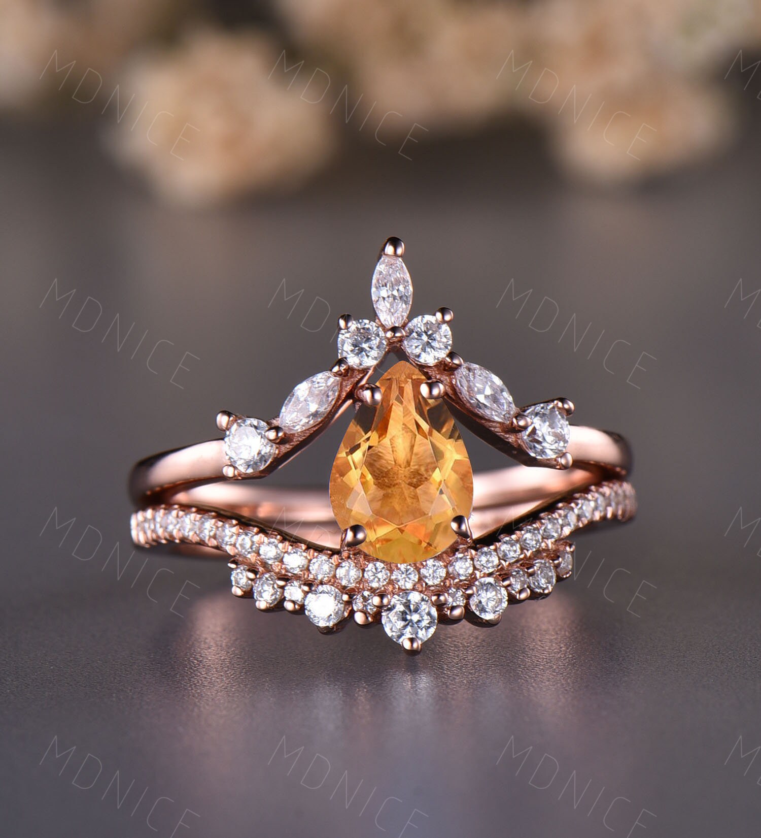 Natürliche Citrin Ring, Birne Geschnitten Verlobungsring Set, Rose Gold Braut Hochzeit November Birthstone, Jubiläumsgeschenk Für Sie von MDNICE