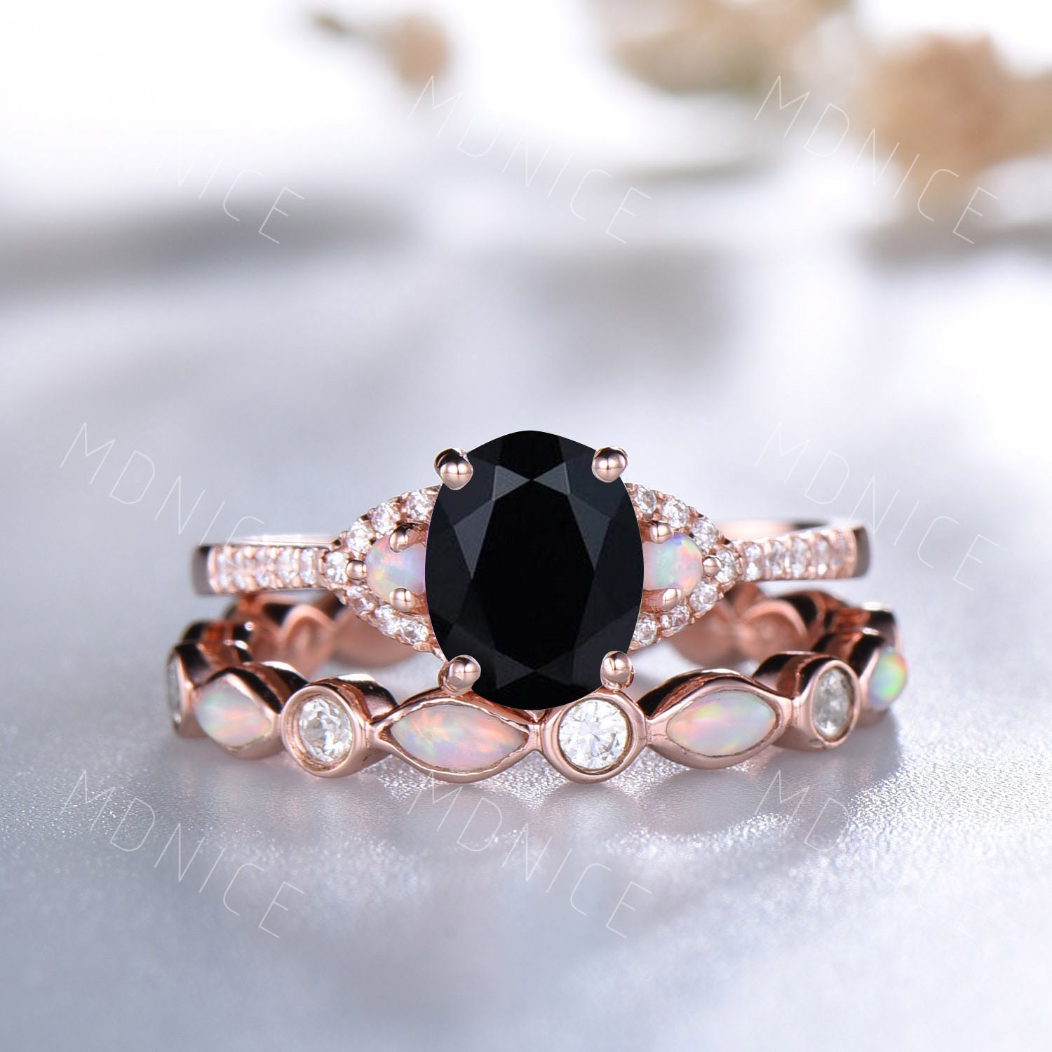 Natürlicher Schwarzer Onyx Verlobungsring Set, Vintage Rose Gold Marquise Opal Eternity Band, Moissanit Ehering Verlobung Brautring von MDNICE