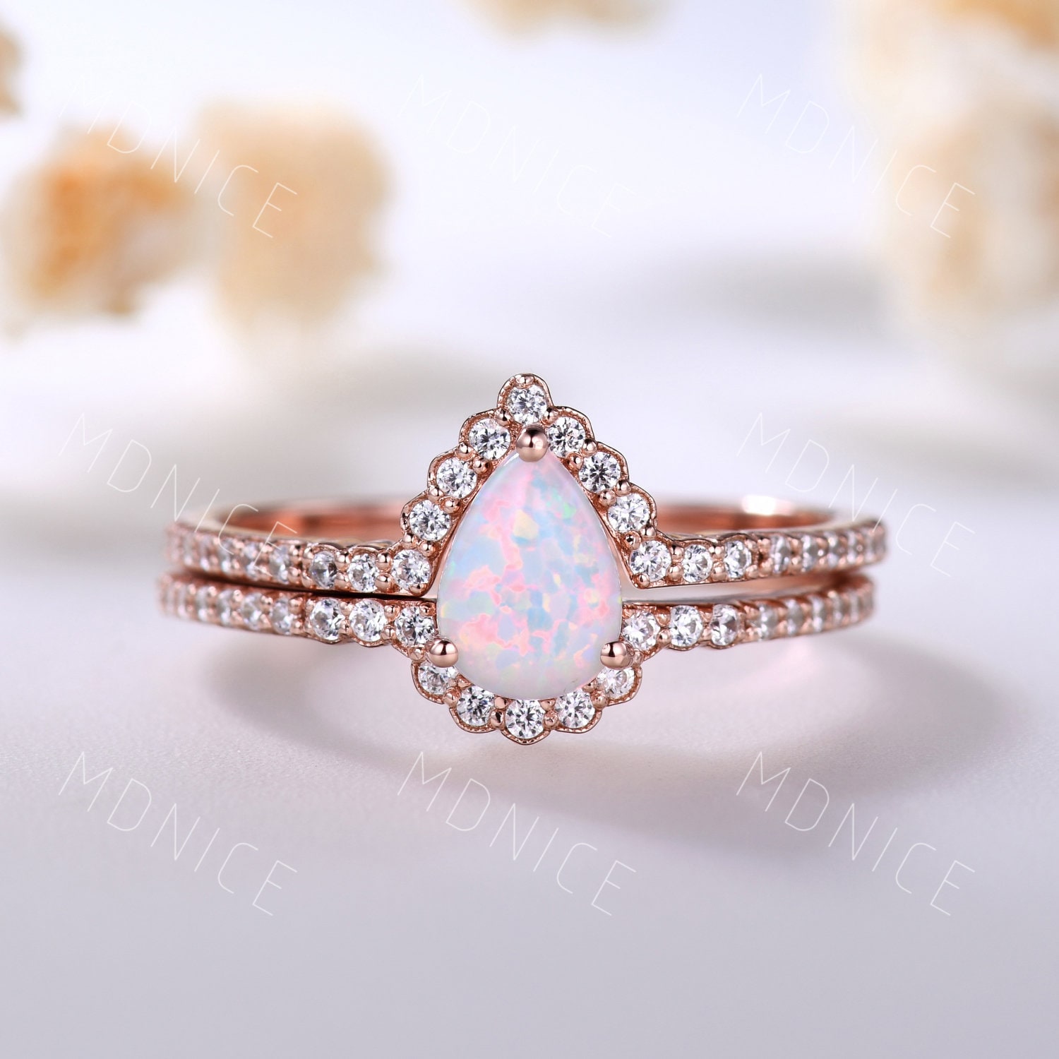 Opal Ring, Roségold Verlobungsring Set, Zierliche Art Deco Ehering, Oktober Geburtsstein Braut Versprechen Ring von MDNICE