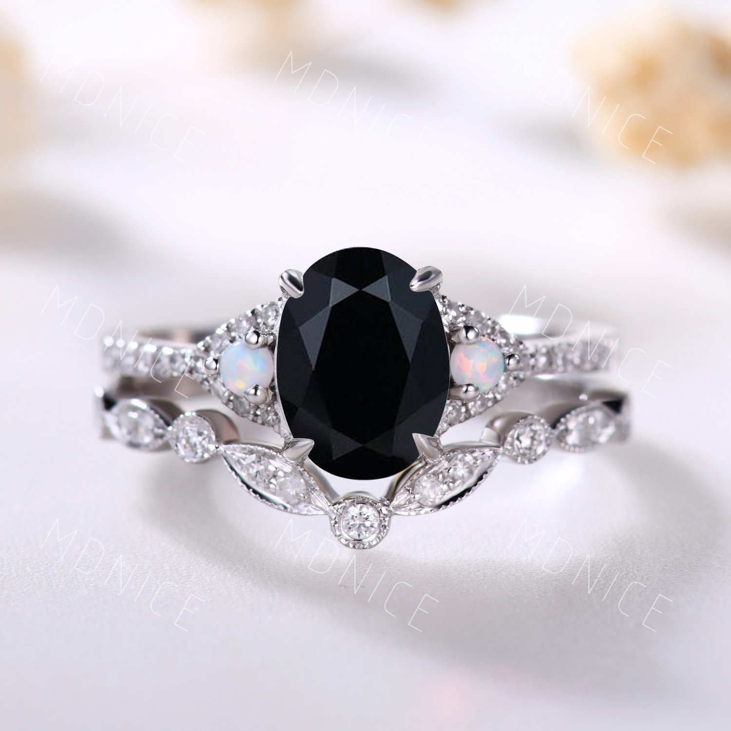 Oval Geschliffener Schwarzer Onyx Verlobungsring Vintage Opal Weiß Gold Ehering Art Deco Moissanit Stapelband Braut Jahrestag Geschenk Für Frauen von MDNICE