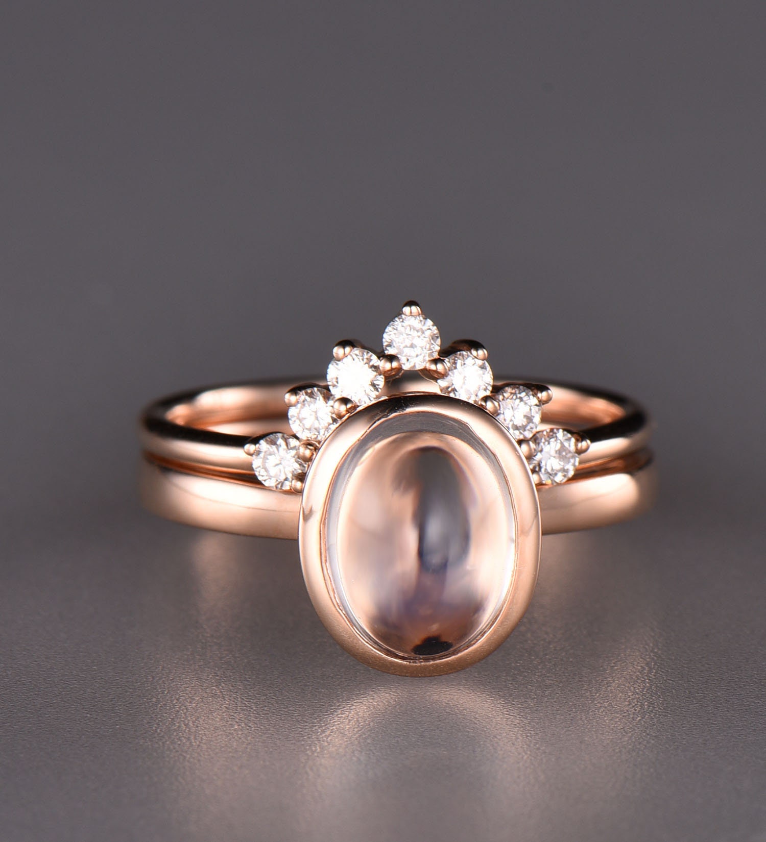 Oval Mondstein Verlobungsring Set 14K Rose Gold Brautschmuck von MDNICE