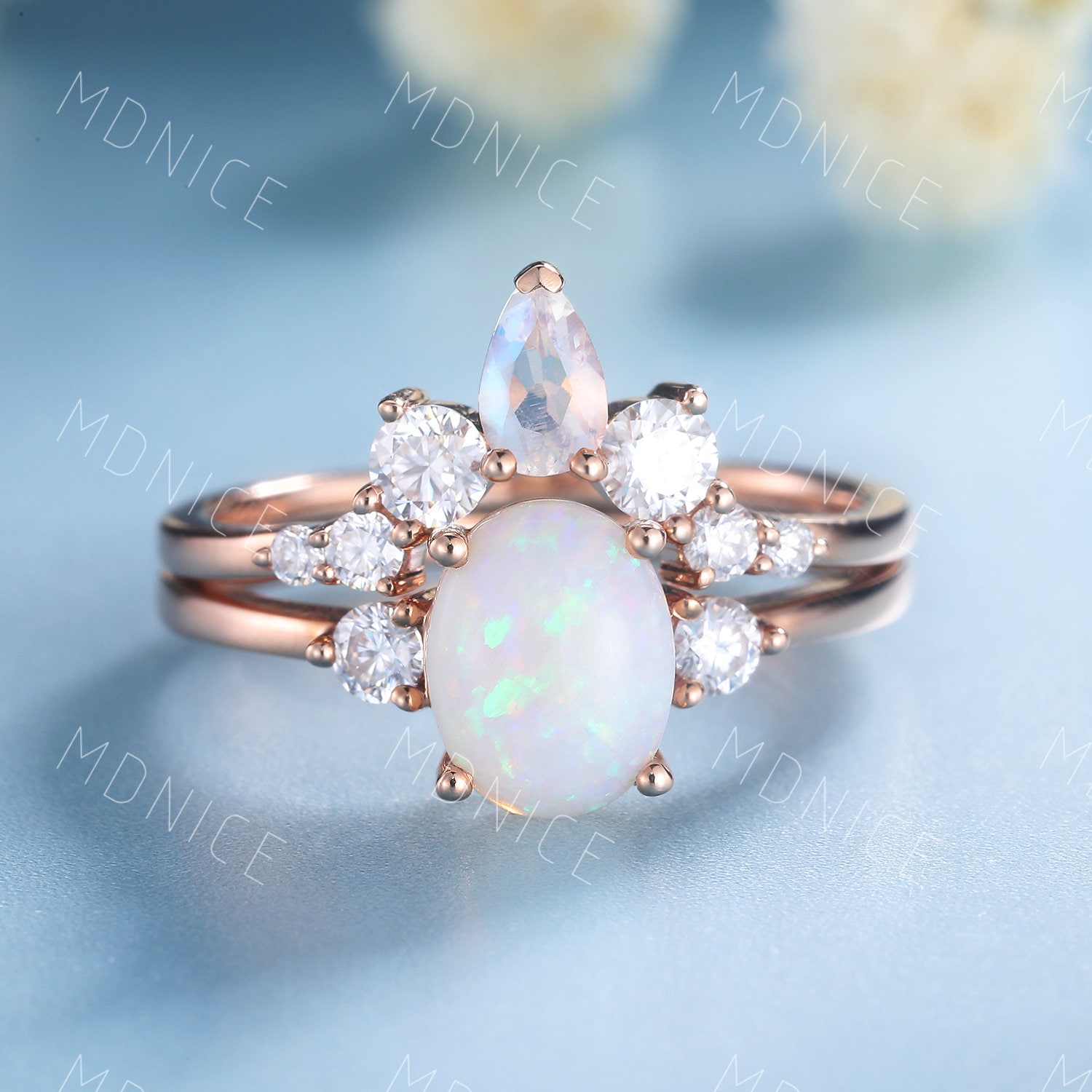 Oval Opal Verlobungsring Set 14K Roségold Ringe Für Frauen Drei Stein Ring Natur Versprechen Pear Mondstein Stapelband Geschenk von MDNICE