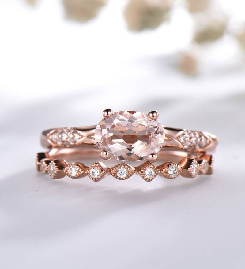 Oval Pfirsich Morganit Verlobungsring Set Rosegold Ehering von MDNICE