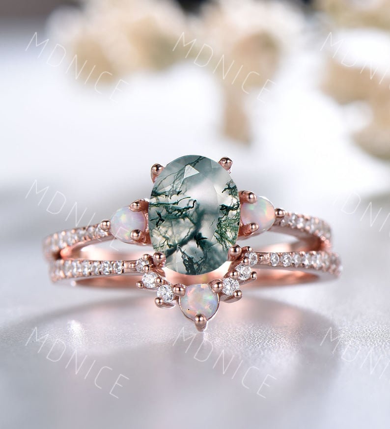 Ovaler Moos Achat Verlobungsring Set Opal Stapelring Rosegold Brautring Jubiläumsring von MDNICE