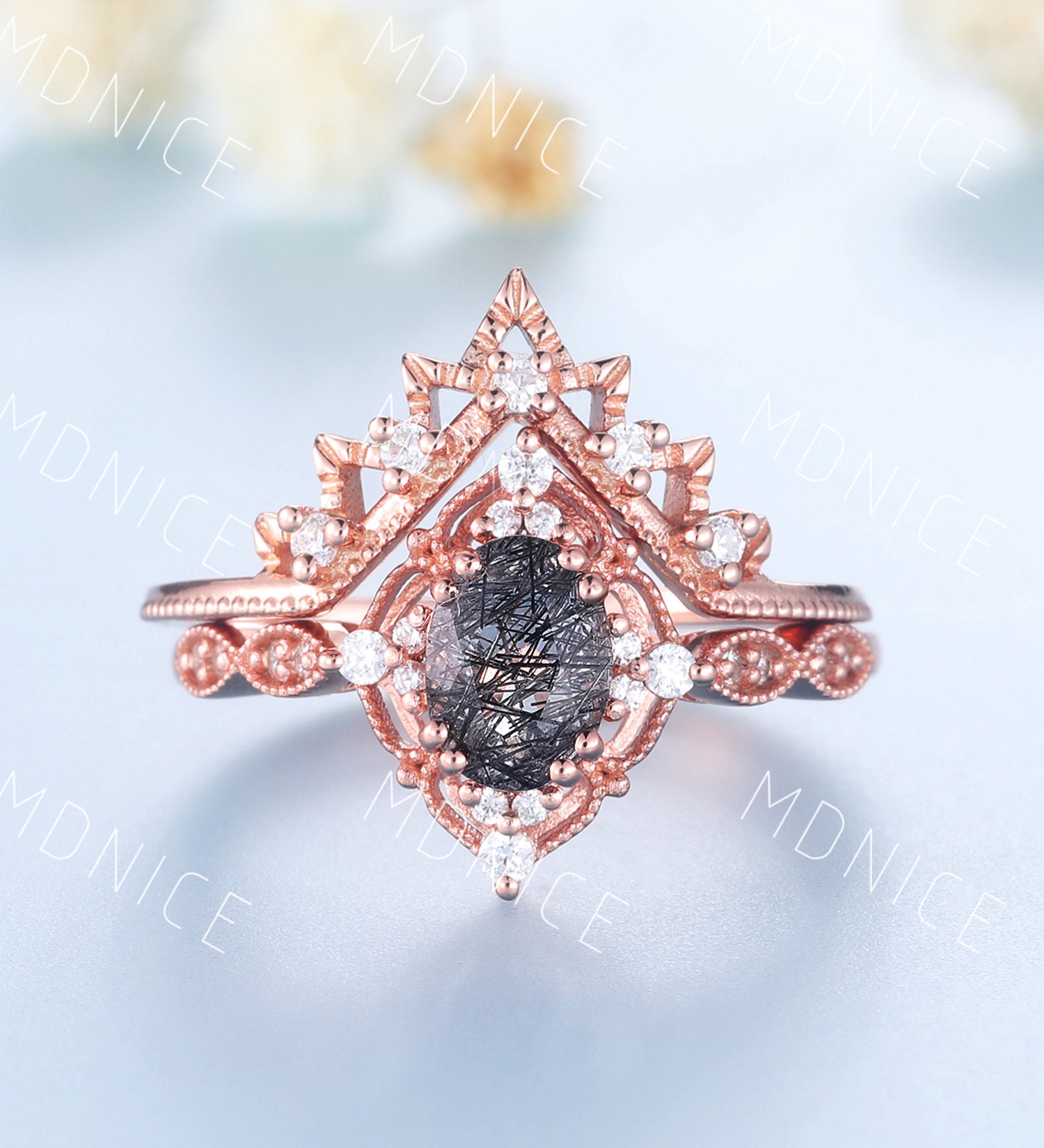 Ovaler Schwarzer Rutilquarz Ring, Rosegold Ringe Für Frauen, Vintage Verlobungsring, Geschwungenes Stapeln Passendes Band, Jubiläumsring von MDNICE