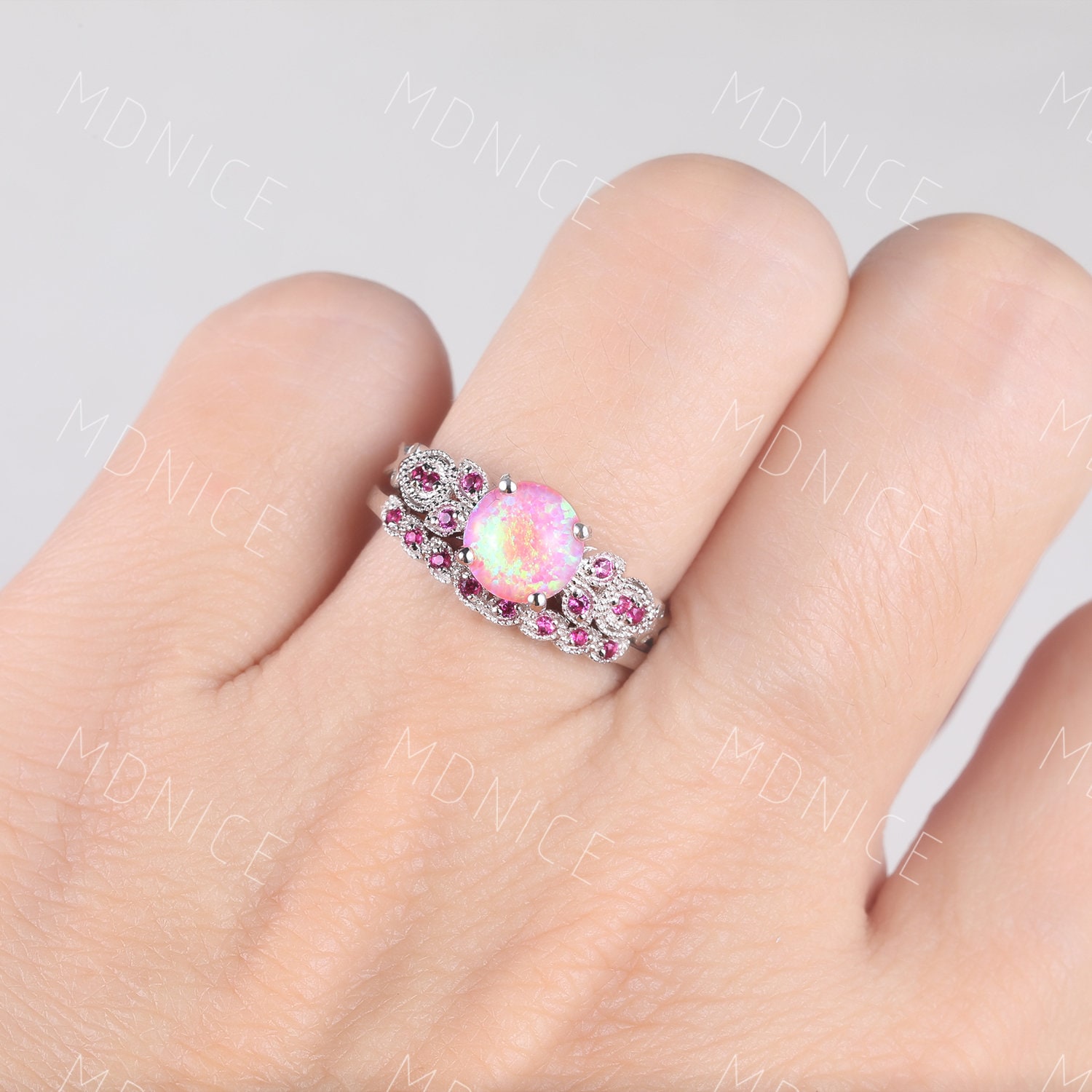 Rosa Opal Ring, Und Rubin Hochzeit Ring Set, Weißgold Ehering, Rosa Edelstein Vintage Braut Versprechen von MDNICE