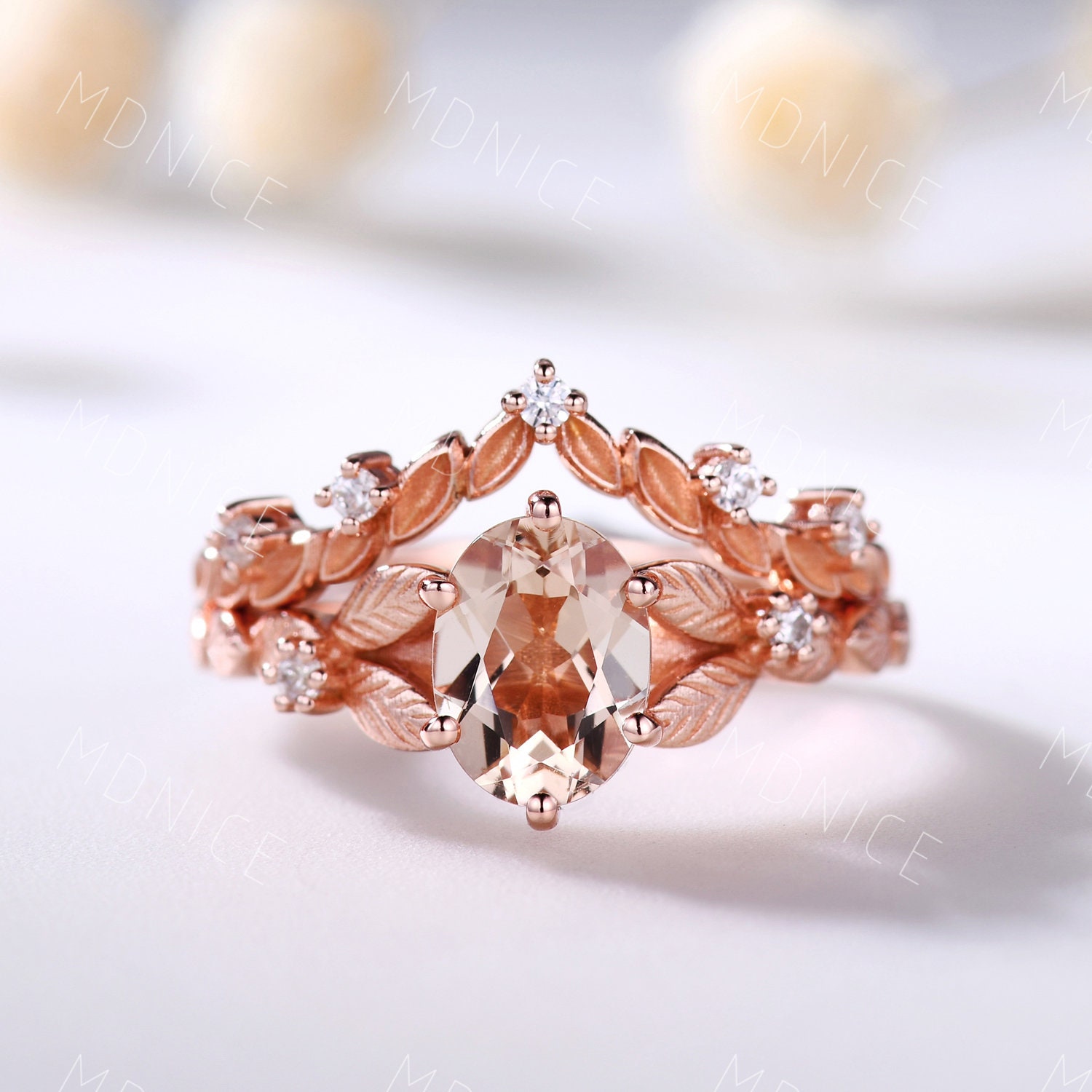 Rose Gold Morganit Verlobungsring Set Art Deco Vintage Florale Trauringe Antik Braut Versprechen Ring von MDNICE