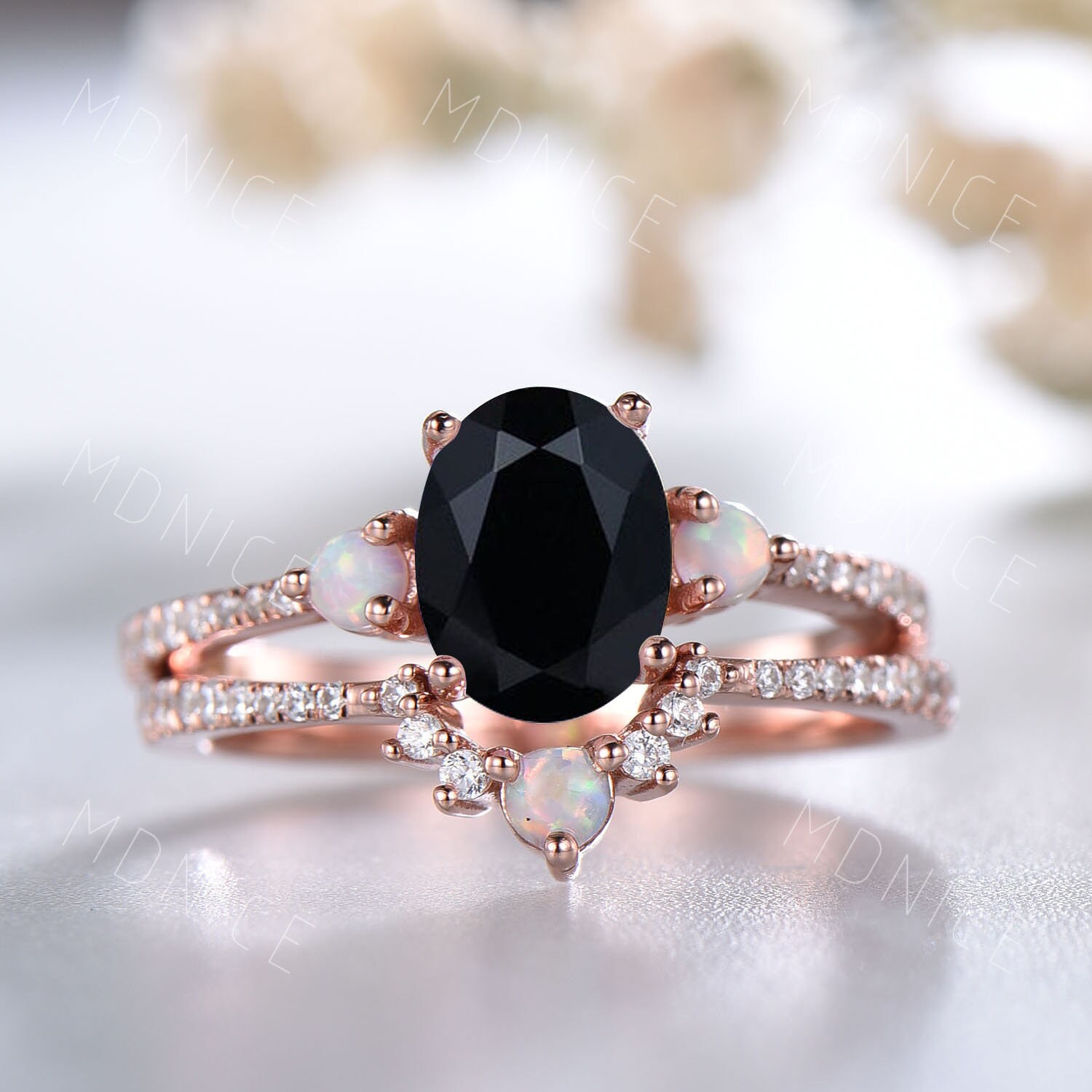 Schwarzer Onyx Verlobungsring Set, Ovaler Brautring, Moissanit Eternity Band, Gold Opal Ring, 14K Rose Gold Ehering Set von MDNICE