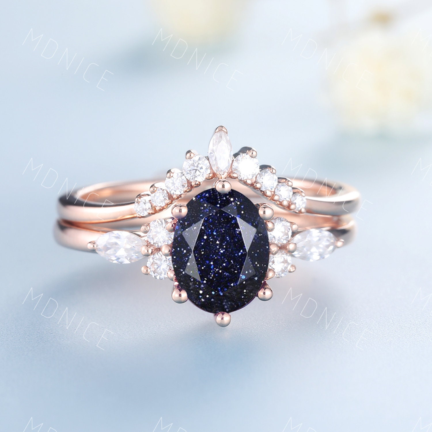 Vintage Blauer Sandstein Ring Set Roségold Verlobungsring Unikat Marquise Diamant Cluster Braut Hochzeit Versprechen Jubiläum von MDNICE