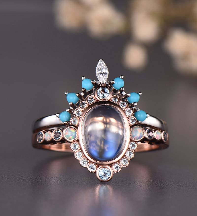Vintage Mondstein Brautring Set 14K Rosegold, Türkis Krone Ehering von MDNICE