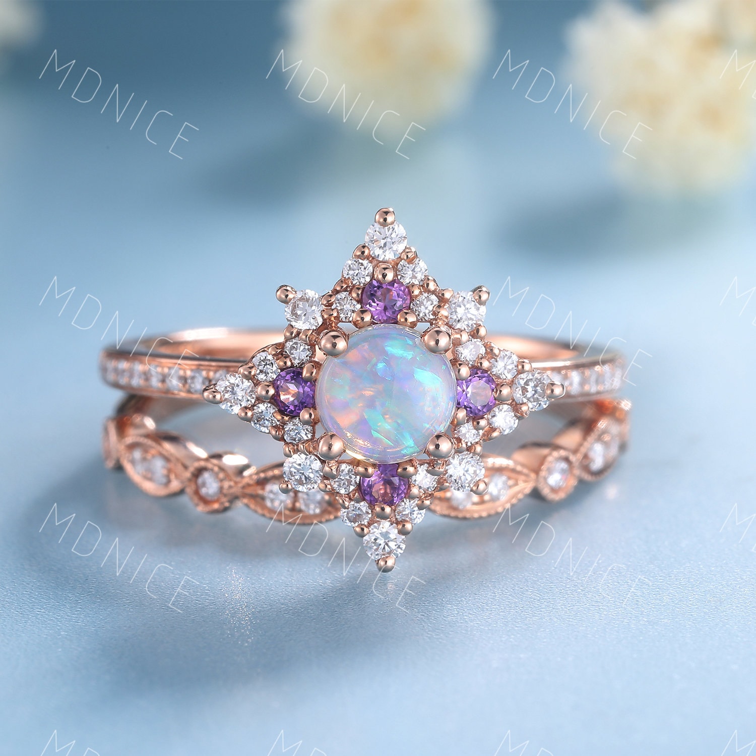 Vintage Opal Verlobungsring Set, Rundschliff Natürlicher Ring, Rosegold Hochzeit Braut Amethyst Stapelring, Geschenk Für Sie von MDNICE