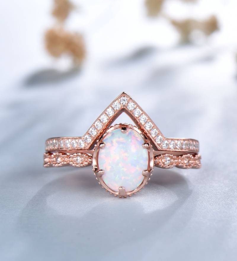 Weißer Feueropal Ehering Set Sterling Silber Cz Verlobungsring von MDNICE