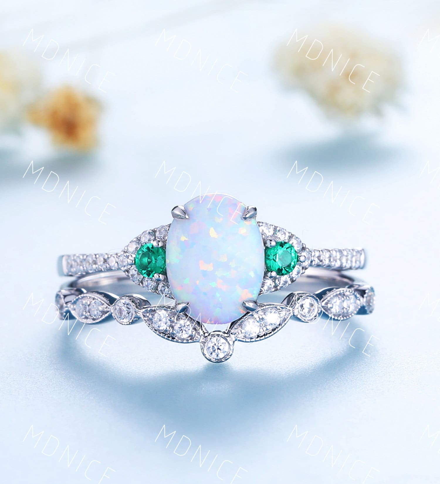 Weißer Opal Verlobungsring Set, Sterling Silber Ring, Oval Verlobungsring, Art Deco Braut Gewölbtes Passendes Band, Jubiläum von MDNICE