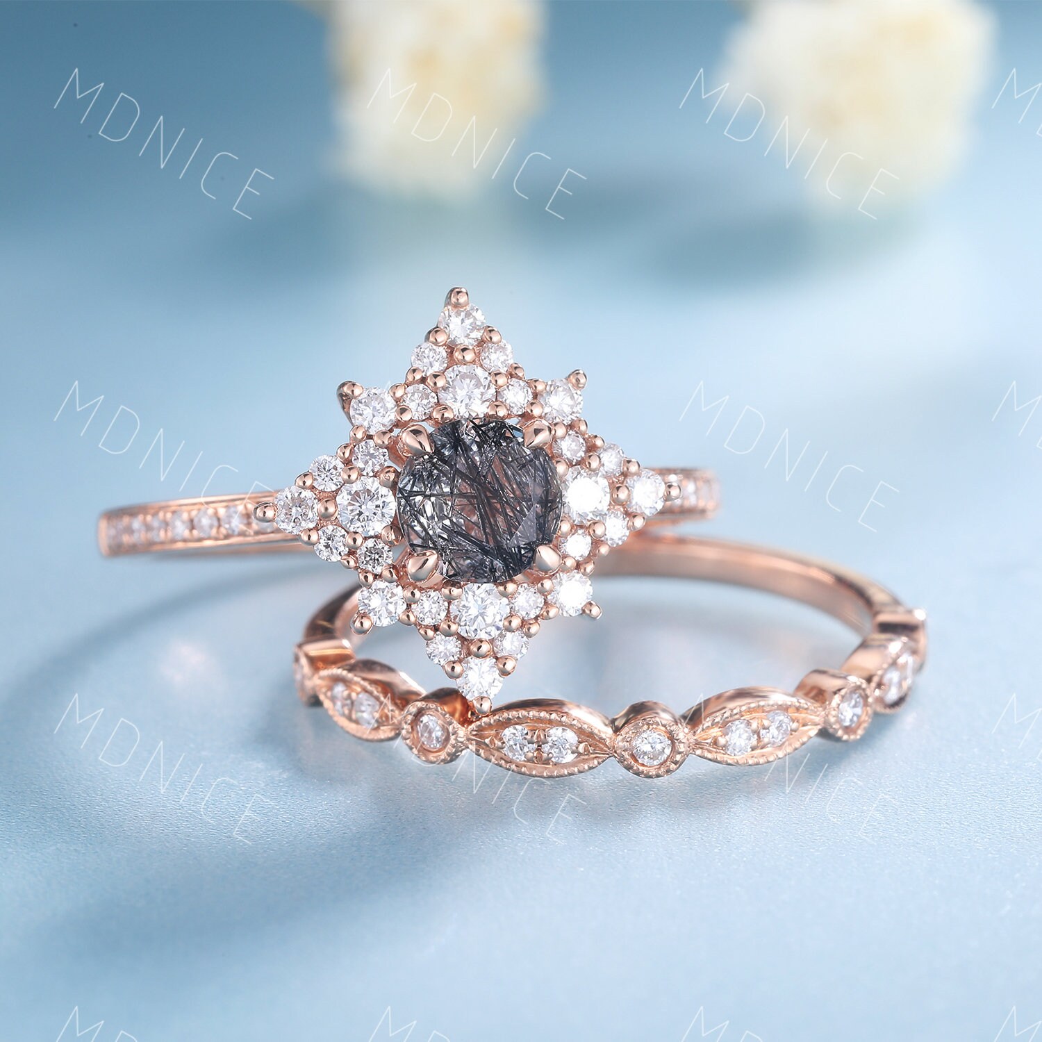 Zierliche Schwarze Rutilquarz Verlobungsring Set Art Deco Halb Ewigkeit Ehering Rundschliff Ring Unikat Diamant Cluster Braut von MDNICE