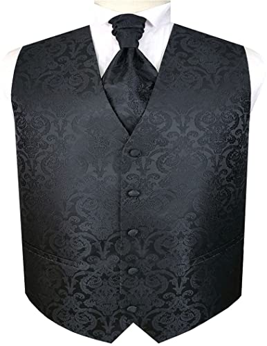 ME&SLEEVE 3 Stück Herren Klassisch Smoking Hochzeits Paisley Weste + Ascot Krawatte + Taschentuch für Hochzeitsanzug von ME&SLEEVE
