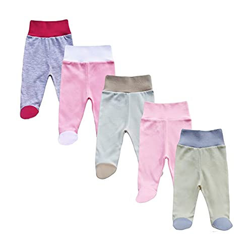 MEA BABY Babyhose mit Fuß Stramplerhose Jungen Baby Hose Strampelhose Mädchen im 5er Pack (56, Mädchen) von MEA BABY