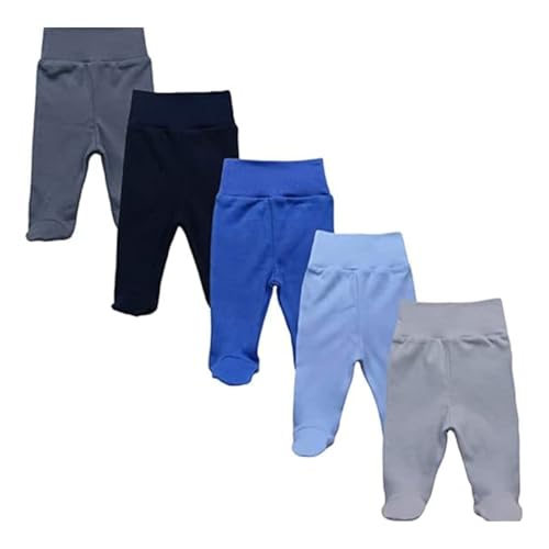 MEA BABY Unisex Baby Hose mit Fuß aus 100% Baumwolle im 5er Pack. Baby Stramplerhose mit Fuß. Babyhose mit Fuß Jungen Baby Hose mit Fuß Mädchen., 80 cm, Jungen von MEA BABY