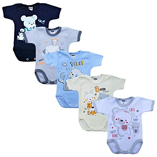 MEA BABY Unisex Baby Kurzarm-Body mit Aufdruck aus 100% Baumwolle im 5er Pack, Baby Body mit Aufdruck, Baby Body für Madchen, Baby Body für Jungen (Jungen, 62) von MEA BABY