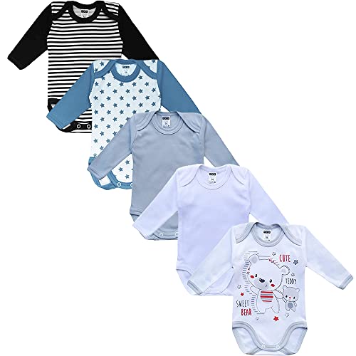 MEA BABY Unisex Baby Langarm Body aus 100% Baumwolle im 5er Pack, Baby Body mit Aufdruck, Baby Body für Mädchen, Baby Body für Jungen (68, Jungen 2) von MEA BABY