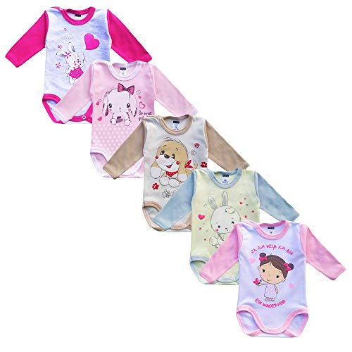 MEA BABY Unisex Baby Langarm Body aus 100% Baumwolle im 5er Pack mit Aufdruck, für Mädchen, Baby Langarm Body für Jungen. (68, Mädchen) von MEA BABY