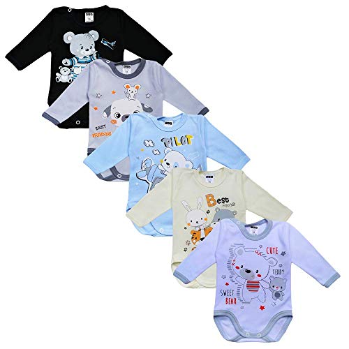 MEA BABY Unisex Baby Langarm Body aus 100% Baumwolle im 5er Pack, Baby Langarm Body mit Aufdruck, Baby Body für Mädchen, Baby Body für Jungen (68, Jungen 2) von MEA BABY