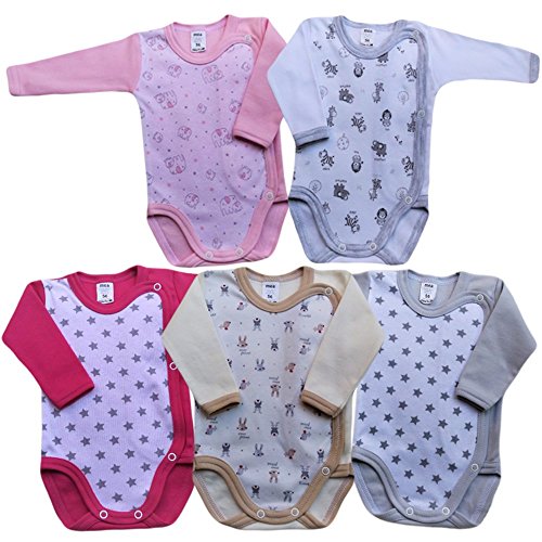 MEA BABY Unisex Baby Langarm Wickelbody mit Print 5er Pack. Baby Wickelbody Mädchen Baby Wickelbody Junge (62, Mädchen) von MEA BABY