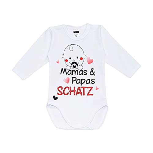 MEA BABY Unisex Baby Langarm Body mit Spruch Mamas & Papas Schatz, 100% Baumwolle, Baby Body weiß für Mädchen, Baby Body Weiss für Jungen. (62) von MEA BABY