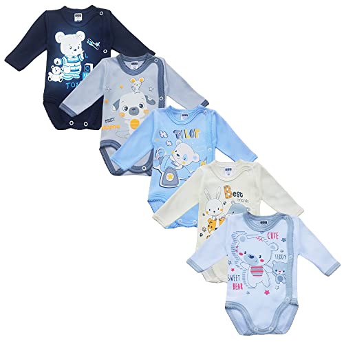 MEA BABY Unisex Baby Langarm Wickelbody mit Aufdruck 5er Pack. Baby Wickelbody Jungen Baby Wickelbody Mädchen (56, Jungen3) von MEA BABY