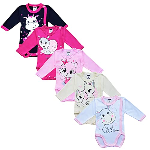 MEA BABY Unisex Baby Langarm Wickelbody mit Aufdruck 5er Pack. Baby Wickelbody Jungen Baby Wickelbody Mädchen (74, Mädchen2) von MEA BABY