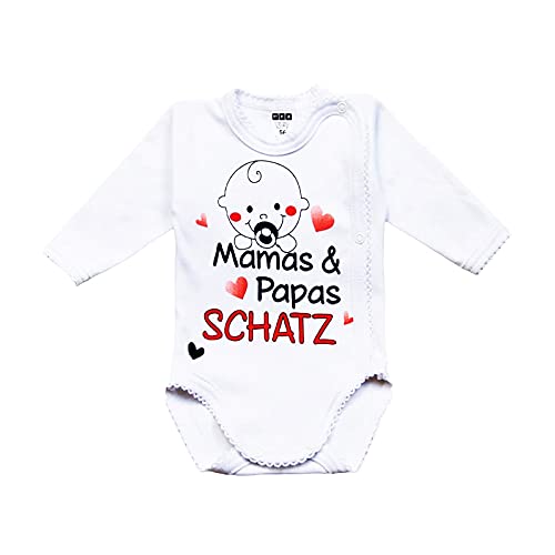 MEA BABY Unisex Baby Wickelbody mit Spruch Mamas & Papas Schatz, 100% Baumwolle, Baby Body weiß für Mädchen, Baby Body weiss für Jungen. (74) von MEA BABY