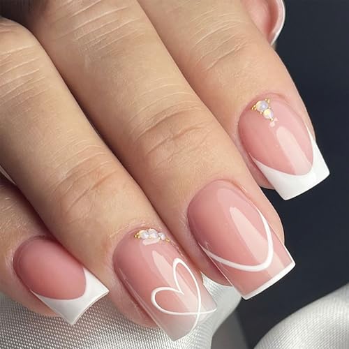 24 Stück Kurze Quadratische Nägel Zum Aufdrücken Mit Französischer Spitze Valentinsherz Vollständige Abdeckung Falsche Nägel Maniküre Nagelkunst Für Frauen von MEAKTSMI