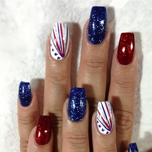 4. Juli Press Auf Nägeln 24 Pcs Mandel False Nägel Mit Glitzern Acrylstab Auf Nägeln Für Modische Frauen Mädchen von MEAKTSMI
