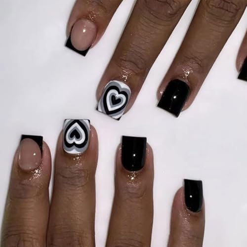 Kurze Quadratische Künstliche Nägel Zum Valentinstag Mit Herz Designs Zum Aufdrücken Der Nägel Künstliche Nägel Für Frauen Und Mädchen 24 Stück von MEAKTSMI
