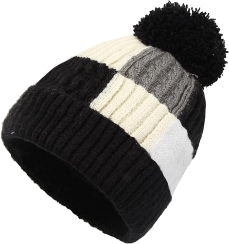 MEANBEAUTY Beanie-Mütze für Damen, gestrickte Beanie-Mütze, Pompom, Winter, warme, weiche Mütze, Outdoor-Sport, Ski-Schwarz+weiß von MEANBEAUTY