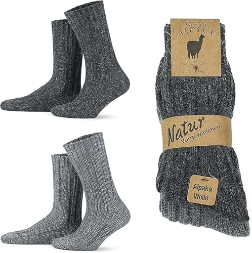 2 Paar Alpaka Socken. Warme Thermosocken. Dicke, flauschige Wintersocken. Vorgewaschene Wandersocken aus Alpakawolle (DE/NL/SE/PL, Numerisch, 39, 42, Regular, Regular, 5-lagig Grau-Anthrazit 3094) von MEBY